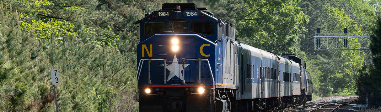 Amtrak Piedmont Train in wooded track area near Cary, NC